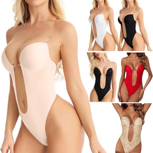 Damen Rückenfreier Body Shaper BH Transparenten Trägern Rückenfreier Shapewear rückenfreier Body-Shaper-BH Formende Bodys Unsichtbar Push up Bodysuits Tiefer U-Ausschnitt Unterwäsche (A-1-Beige, XL) von Cunhuan