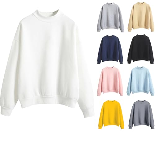 Damen Sweatshirt Pullover Langarm Rundhals Pulli Herbst Winter Locker Freizeit Reine Farbe Oberteil Sport Streetwear Fleece Sweatshirts ohne Kapuze Classic Basic Rundhals-Ausschnitt (1-A-White, S) von Cunhuan