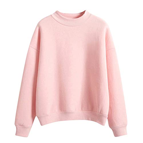 Damen Sweatshirt Pullover Langarm Rundhals Pulli Herbst Winter Locker Freizeit Reine Farbe Oberteil Sport Streetwear Fleece Sweatshirts ohne Kapuze Classic Basic Rundhals-Ausschnitt Sport (1-Pink, M) von Cunhuan