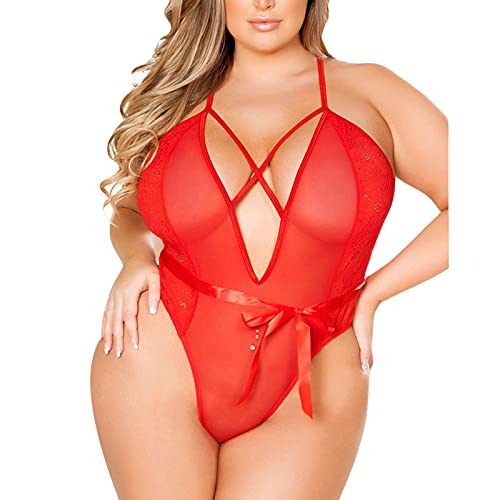 Frauen Unterwäsche Dessous, Sexy Translucent Spitze Riemchen Bodysuit mit Bogen Spitze Mollige Underwear Durchsichtige Dessous Reizwäsch Lingerie für Frauen Set Durchsichtig Romanze (Red, XXXXXL) von Cunhuan