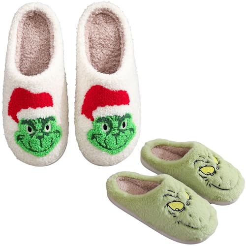 Grinch Hausschuhe für Damen Glückliche Hausschuhe für Weihnachten Lustige Hausschuhe Plüsch Pantoffeln Winter Warm Slipper Bequem Weich Leicht Anti-Rutsch Indoor Weihnachts Hausschuhe 36-44 EU von Cunhuan