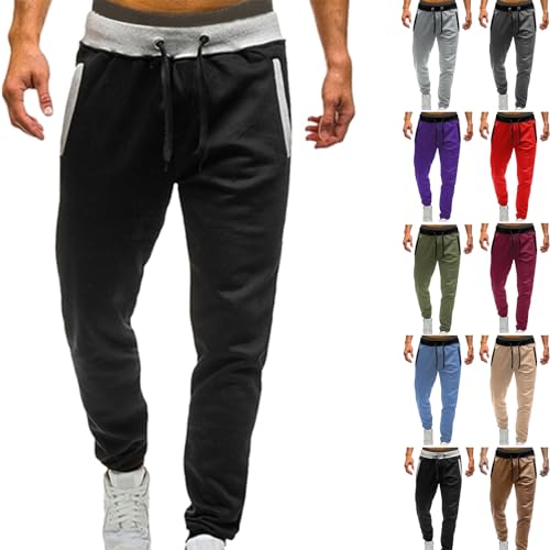 Jogginghose Herren Elastische Taille Sporthose Baumwolle Trainingshose mit Reißverschlusstaschen Mode Cargohose Outdoor Männer Jogger Freizeithose High Waist Wanderhose Sport Yogahose (A-Black, L) von Cunhuan