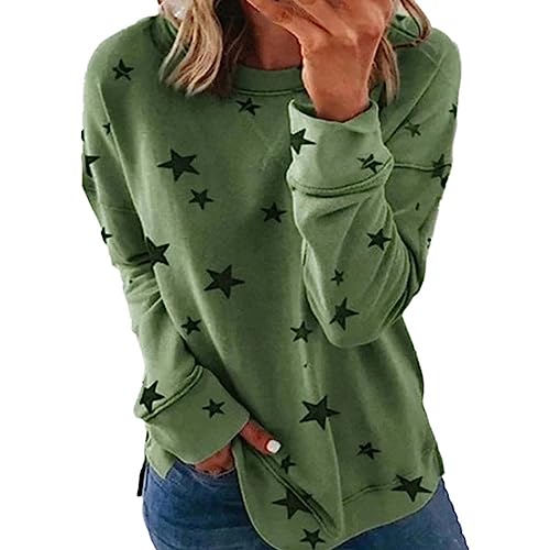 Pullover Damen Freizeit Sweatshirts Herbst Kordelzug Kapuzenshirts Stern Druck Hoodie Farbblock Langarm Rundhals Pulli Locker Casual Oberteil Sport Streetwear Sweatshirts Mode Bluse Tops (A-Green, L) von Cunhuan