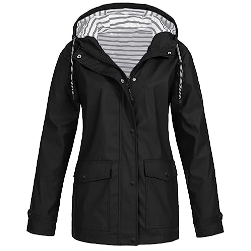 Regenjacke Damen Wasserdicht Atmungsaktiv Regenjacke Sitzende Punching Jacke Regenmantel Leicht Jacke Windbreaker Mit Kapuze Softshelljacke Outdoorjacke Übergangsjacke Kordelzug Knopf (Black-1, XL) von Cunhuan