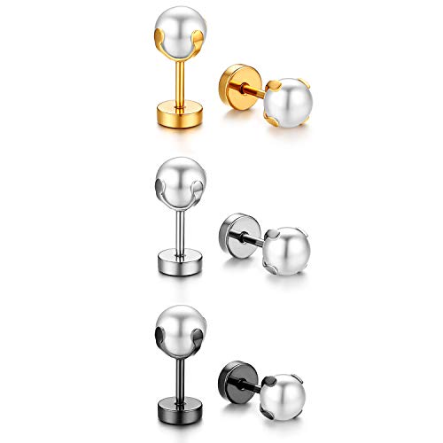 Cupimatch 3 Paare Perlen Ohrringe Set Damen Perlenohrringe Ohrstecker Edelstahl Piercing Ohr Schmuck Mädchen 6mm, Silber Gold Schwarz von Cupimatch