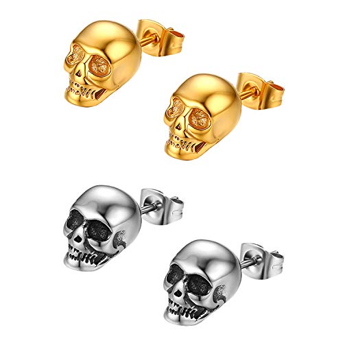 Cupimatch 2 Paare Totenkopf Ohrringe Herren Schädel Ohrstecker Edelstahl Hip Hop Punk Jazz Ohr Piercing Ohrschmuck für Männer Jungen, Gold Silber von Cupimatch