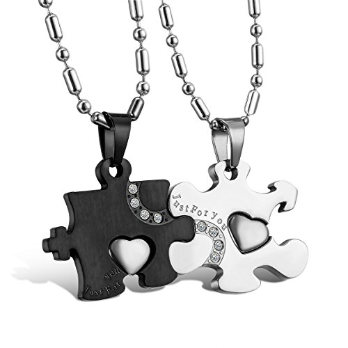 Cupimatch 2-teilig Herren Damen Edelstahl Just for you Strass Puzzle passender Anhänger Paar Halskette mit 50cm 55cm Kette, schwarz silber von Cupimatch