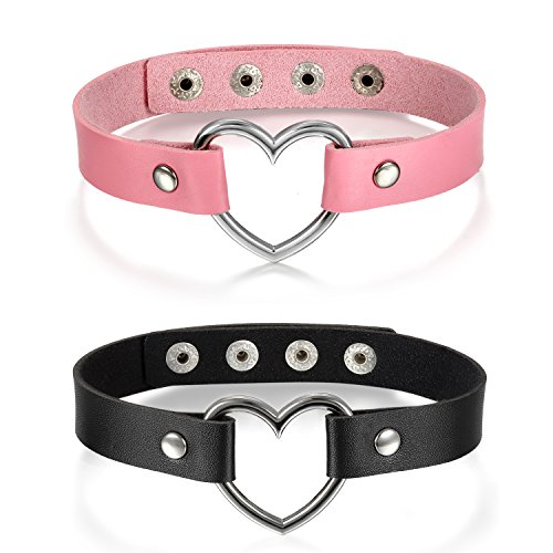 Cupimatch 2PCS Damen Choker Kette Halskette Set Herz Leder Halsband einstellbar Kragen pink schwarz von Cupimatch