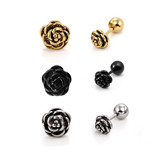 Cupimatch 3 Paare Rose Edelstahl Ohrstecker Ohrclips Creolen Piercing Ohrschmuck Ohrringe Handmachen für Damen und Herren, silber gold schwarz von Cupimatch