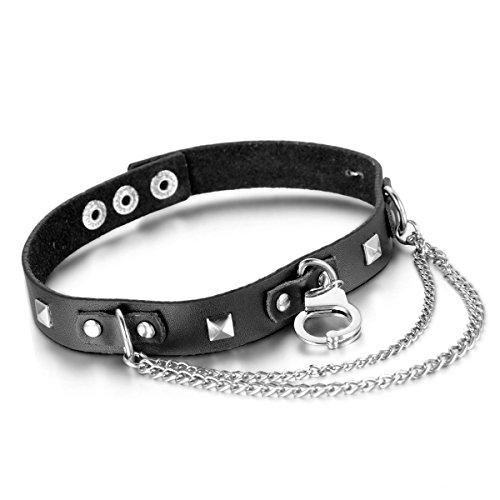 Cupimatch Damen Choker Halskette, Leder schwarz einstellbar Lange Ketten Kragen Halsband mit Handschellen Nieten Anhänger Kette, Gotik Punk Rock Lederband von Cupimatch