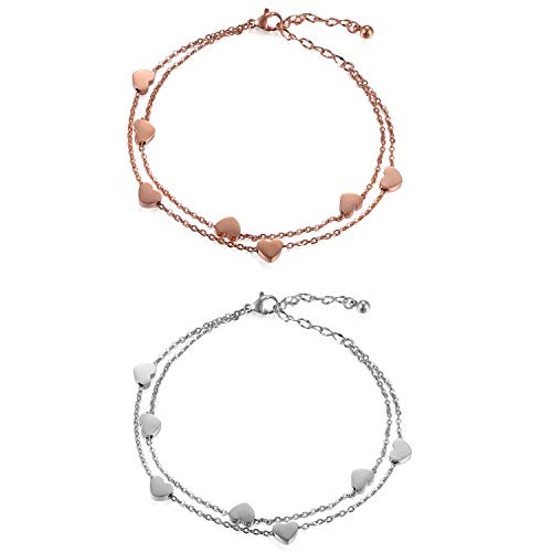 Cupimatch 2PCS Herz Armband Damen Fusskettchen Herzen Armkette Silber rosegold Fußkette Fusskette, Doppelt Kette Armband für Frauen Mädchen, 23cm von Cupimatch