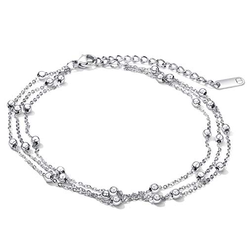 Cupimatch Damen Fußkette Fein Schöner Kugel Edelstahl Multi-Kette Verstellbar Fusskettchen 21cm, Silber von Cupimatch