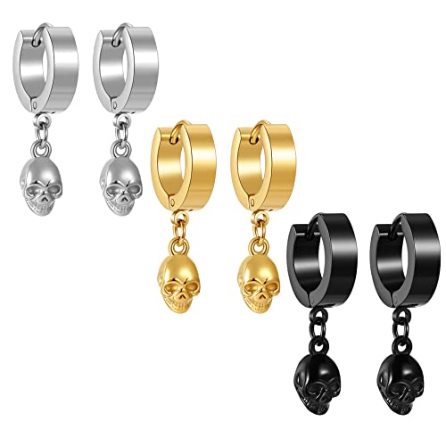 Cupimatch Ohrringe Set Totenkopf Herren Schädel Ohrstecker Edelstahl Hip Hop Punk Jazz Ohr Piercing Ohrschmuck für Männer Jungen, Gold Silber Schwarz von Cupimatch