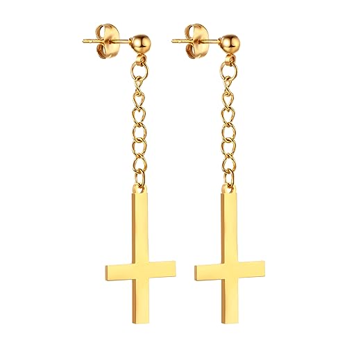 Cupimatch Kreuz Ohrstecker Gold Ohrringe - Kette mit Inverted Cross Ohrhänger Edelstahl Ohrringe Gothic Herren Damen Upside Down Kreuz Ohrringen von Cupimatch