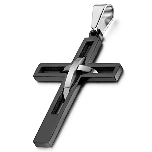 Cupimatch Weihnachtsgeschenke Edelstahl hohle Openwork Kreuz Anhänger mit 55cm Kette, Halskette für Herren Damen, schwarz silber von Cupimatch