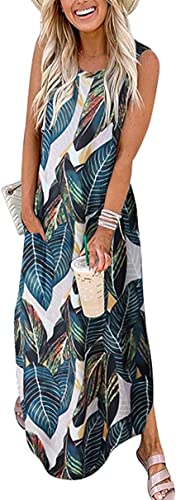 Cuptacc Damen Kleider Ärmellos Lang Strandkleid Hawaii Outfit Freizeitkleid mit Taschen Tropisches Blatt,XXL 48 von Cuptacc