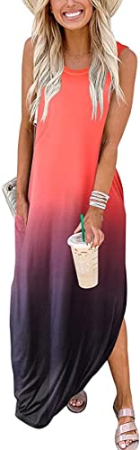 Cuptacc Damen Kleider Sommer Maxikleid mit Taschen Tank Kleid Lockere Batik Tankkleid Orange Schwarz Gradient,XL 46 von Cuptacc