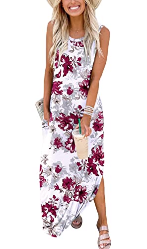 Cuptacc Damen Kleider Sommer Maxikleid mit Taschen Tank Kleid Lockere Batik Tankkleid Weißes Blumenmuster,3XL 50 von Cuptacc