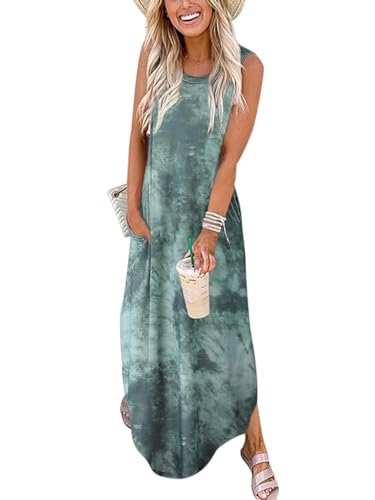 Cuptacc Damen Kleider Sommer Sommerkleid Ärmellos Lang Tie Dye Strandkleid mit Taschen Tie-Dye Dunkelgrün,Groß L 42-44 von Cuptacc