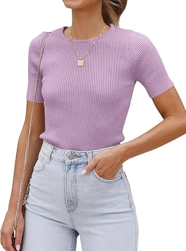 Cuptacc Damen Oberteile Kurzarm Sommer 2024 Skims top Crew Neck Freizeit Crop Tshirt Chic Lila,Groß XL 46-48 von Cuptacc