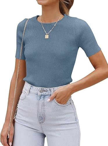 Cuptacc Damen Tshirt Kurzarm Sommer 2024 Skims Oberteile Crew Neck Freizeit Crop Top Chic Grau Blau,Groß XL 46-48 von Cuptacc