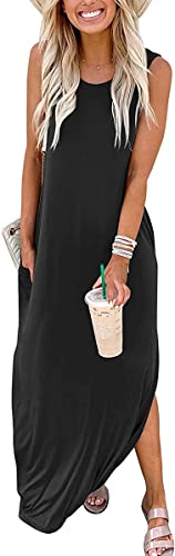 Cuptacc Kleider Damen Rundhals Ärmellos Tankkleid Lehrerin Strand Maxi Dress mit Taschen Schwarze,Groß L 42-44 von Cuptacc