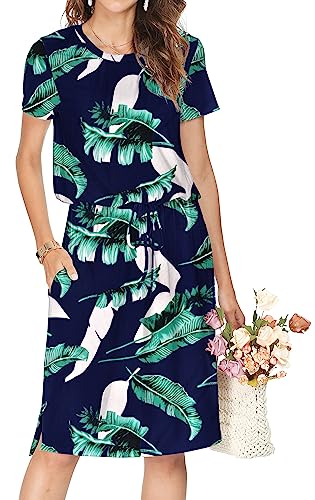 Cuptacc Kleider Damen Sommer Wedding Guest Dress Rundhals Festliches Kleid Damen Hochzeit Blusenkleid Damen Sommerkleid Damen Elegant Palmblattblau S von Cuptacc