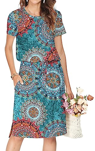 Cuptacc Kleider Damen Sommerkleid Damen Leicht Loose Fit Party Kleid Damen Elegant Rundhalsausschnitt Kurzarm Wedding Guest Dress Grüne Blumen S von Cuptacc