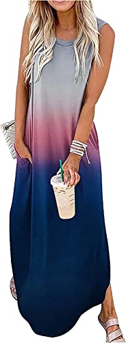 Cuptacc Maxikleid Damen Sommer Maxi Boho Kleider mit Taschen Tie Dye Strandkleid Lang Grau Lila Gradient,XXL 48 von Cuptacc