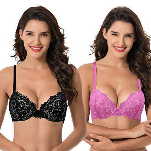 Curve Muse Damen Bügel Übergröße Hochdrücken Fügen Sie 1 und eine halbe Tasse Spitzen-BHS hinzu-2er Pack-Heisses Rosa,Schwarz-95D von Curve Muse