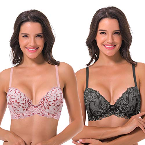 Curve Muse Damen Bügel Übergröße Hochdrücken Fügen Sie 1 und eine halbe Tasse Spitzen-BHs-2er Pack-Weiss/Rot,Schwarz/Grau-110B von Curve Muse