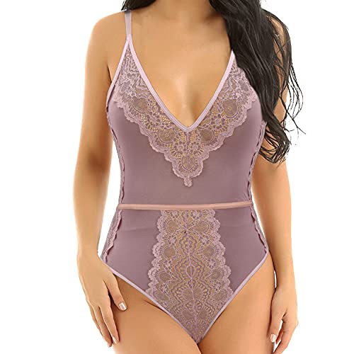 Curve Muse Damen Dessous Spitze Puppe V-Ausschnitt EIN Stück Gittergewebe Bodysuit Nachtwäsche-Mauve-XXL von Curve Muse