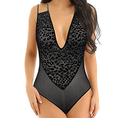 Curve Muse Damen Dessous Spitze Puppe V-Ausschnitt EIN Stück Gittergewebe Bodysuit Nachtwäsche-Schwarz-XL von Curve Muse