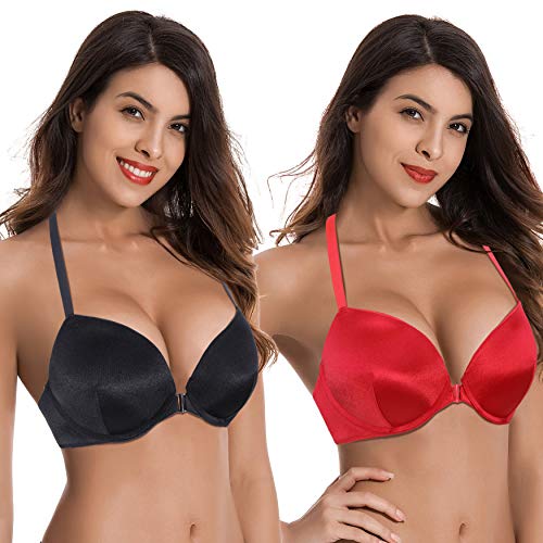 Curve Muse Damen Hochdrücken Fügen Sie 1 und eine halbe Tasse hinzu Bügel Halfter vorne schließen BHs-2er Pack-Schwarz, Rot-85D von Curve Muse