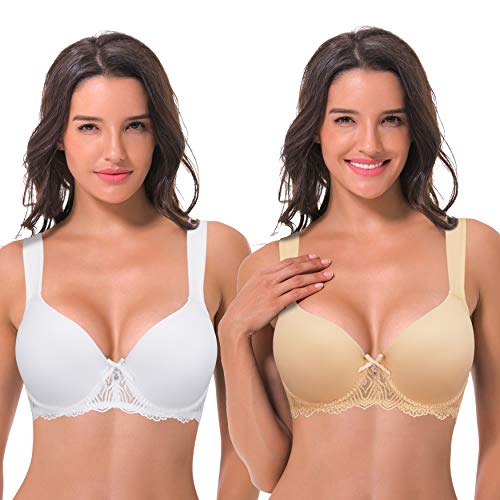 Curve Muse Damen Leicht Gepolstert Bügel Spitze BH mit gepolsterten Schultergurten-Weiß, Nackt-100B-V2 von Curve Muse