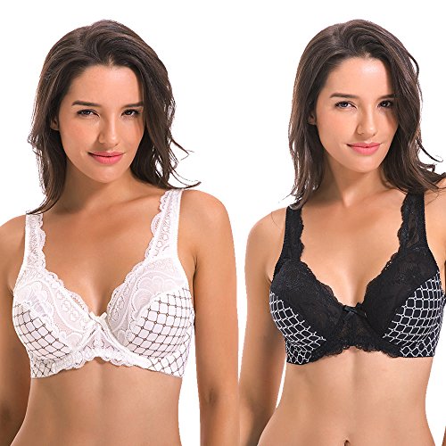 Curve Muse Damen Minimizer Ungefütterter Bügel-BH mit Spitzenstickerei - 2er Pack-Weiss,Schwarz-110E von Curve Muse