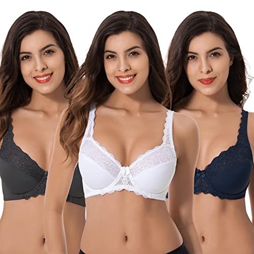 Curve Muse Damen Plus Size Minimizer Bügel-BH ungefüttert mit Stickerei Lace3Pack 36DD Marine, weiß, Schiefer von Curve Muse