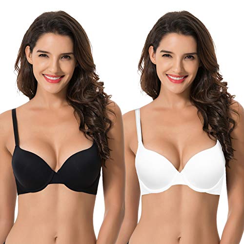 Curve Muse Damen Plus Size Push Up Add 1 Cup Bügel Perfekte Form Spitze BH, White,black(2 Pack), 90C von Curve Muse