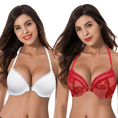 Curve Muse Damen Übergröße 1 Tasse hinzufügen Hochdrücken Bügel Halfter vorne schließen BHs-2er Pack-Rot, Weiß-100D von Curve Muse