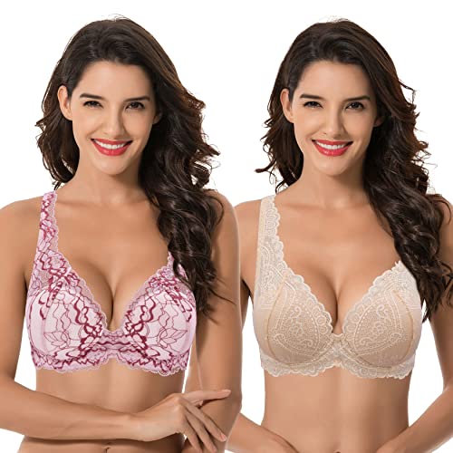 Curve Muse Damen Übergröße Bügel 1+ Cup hinzufügen Push-up Mesh Spitzen-BH-2er Pack-Pink,Sand-100C von Curve Muse