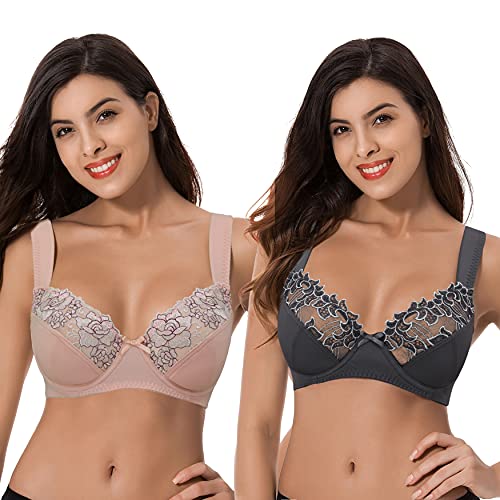 Curve Muse Damen Übergröße Minimizer Bügel-BH mit Stickspitze - 2er Pack-Pink,Dark Grey-100D von Curve Muse