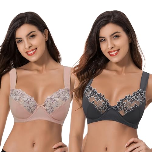 Curve Muse Damen Übergröße Minimizer Bügel-BH mit Stickspitze - 2er Pack-Pink,Dark Grey-110F von Curve Muse