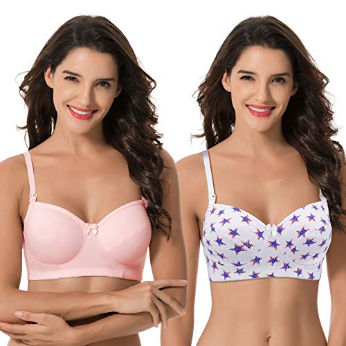 Curve Muse Damen Übergröße Mutterschaft Pflege Baumwolle Kabellos BH-2er Pack-Weiss W Drucken, Rosa-75E von Curve Muse