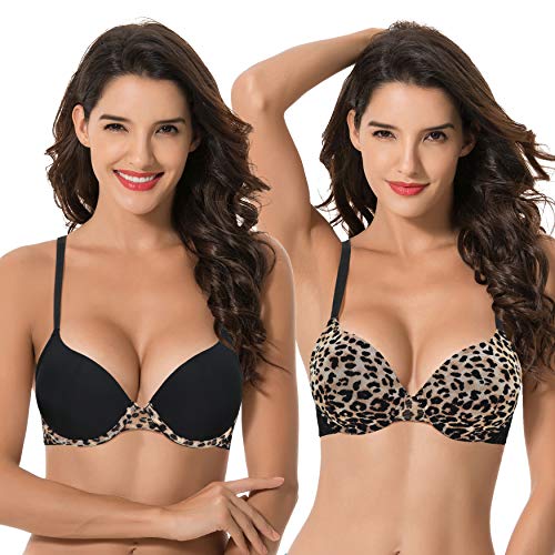 Curve Muse Damen Übergröße Perfekt Gestalten 1 Tasse Push Up hinzufügen Bügel-BHs-2er Pack-Schwarz, Leopardenmuster-100F von Curve Muse