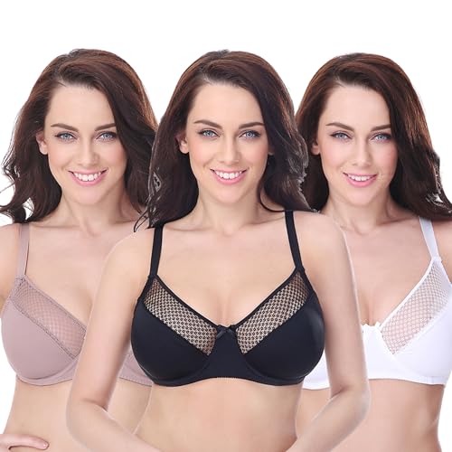 Curve Muse Damen Übergröße Ungefüttert Minimizer Bügel Vollfiguriger BH-3er Pack-Schwarz,Weiß,Rosa beige -110F von Curve Muse