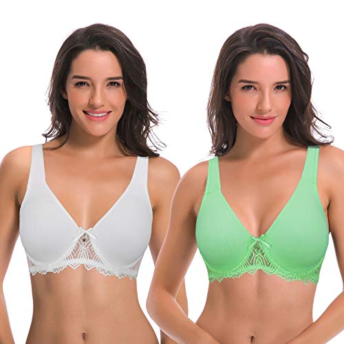 Curve Muse Damen Ungefüttert Bügel Spitze BH mit Gepolstert Schulter Gurte - 2er Pack-Weiß, Grün-105D von Curve Muse