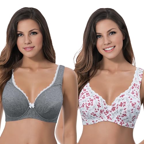 Curve Muse Damen Ungefütterter Übergröße Komfort Baumwolle Bügel-BH-2er Pack-Dark Grey,White Print-80C von Curve Muse