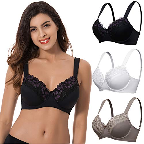 Curve Muse Minimizer-Bügel-BHs in Übergröße, ungefüttert, mit Stickerei, Spitze, 2 oder 3 Stück, Weiß, Schwarz, Buttermilch (3er-Pack)., 100D von Curve Muse