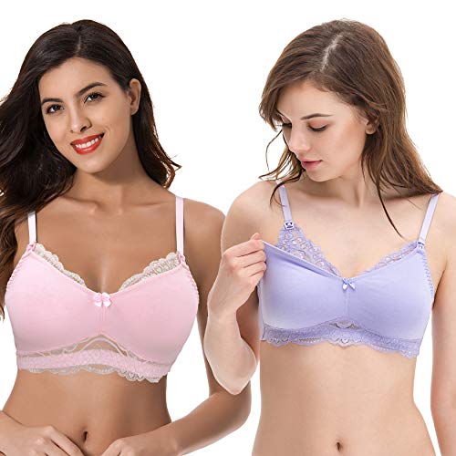 Curve Muse Übergröße Still Baumwolle Ungefüttert Drahtloser BH Mit Spitzenbesatz-2er Pack-Rosa,Lavendel-85D von Curve Muse