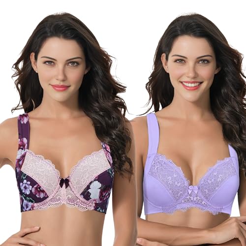 Curve Muse Übergröße Ungefüttert Bügel Spitzen-BH mit gepolsterten Schultergurten-2er Pack-Lavender,Pink Print-90D von Curve Muse